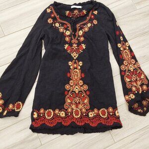 Charlotte Ronson Black Embroidered Long Sleeve Beach/Pool Tunic/Dress.   Size S